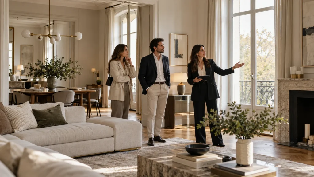 Agente mostrando una vivienda a compradores durante una visita inmobiliaria.