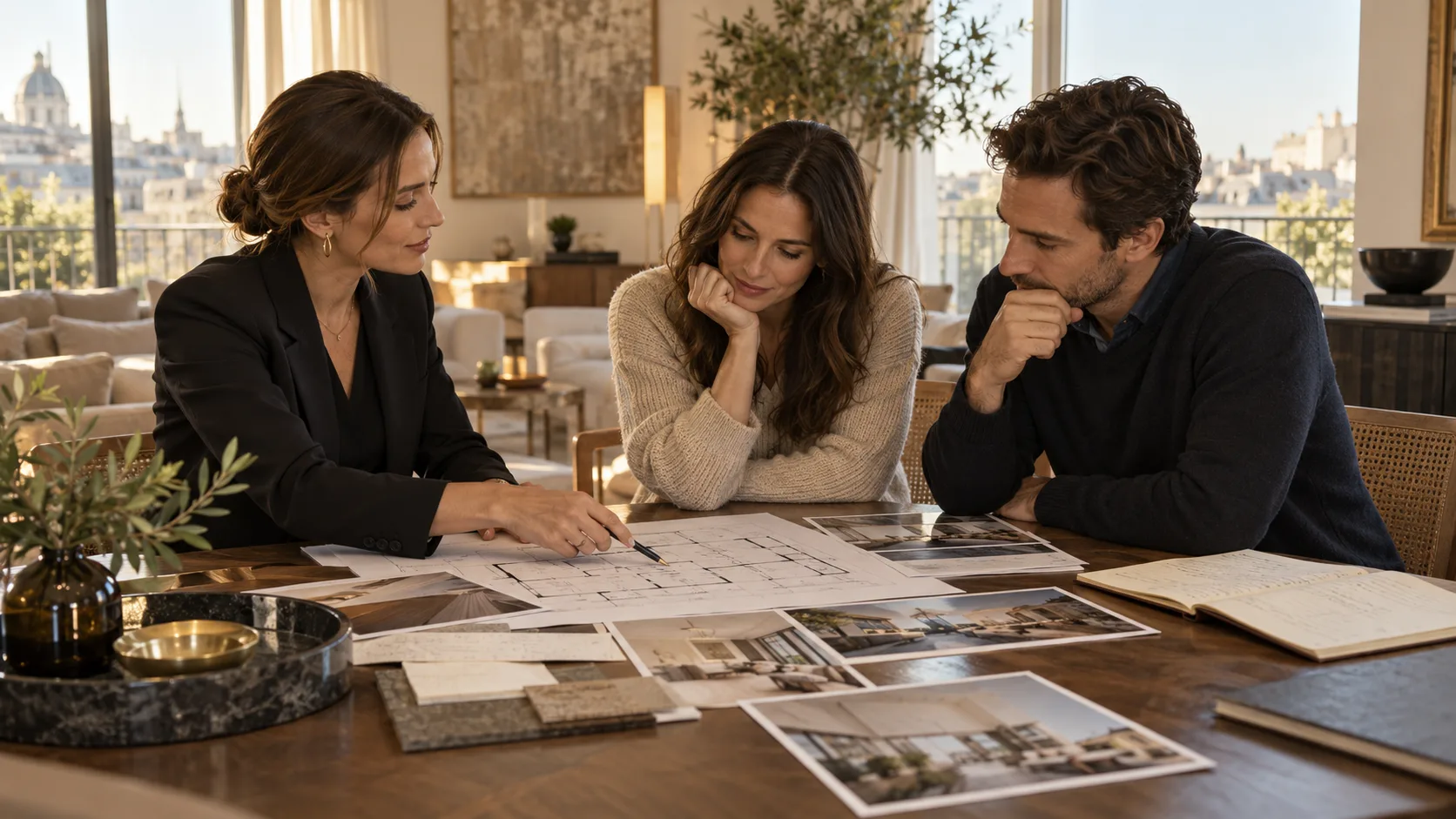 Asesora del comprador revisando planos y fotografías de una vivienda con una pareja